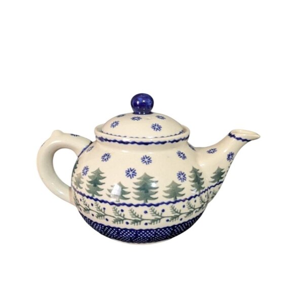Boleslavies Polish Pottery Winter Moose Teapot Handmade Tree Evergreen Design - Picture 10 of 11